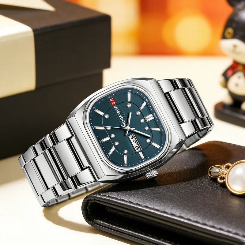 Men's Square 40mm Quartz Dive Watch - Stainless Steel Analog Watch for Men