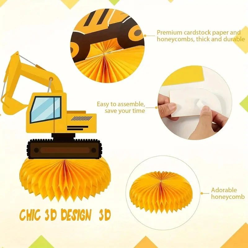 8-Pack Honeycomb Table Decorations for Party, Vehicle Excavator Design