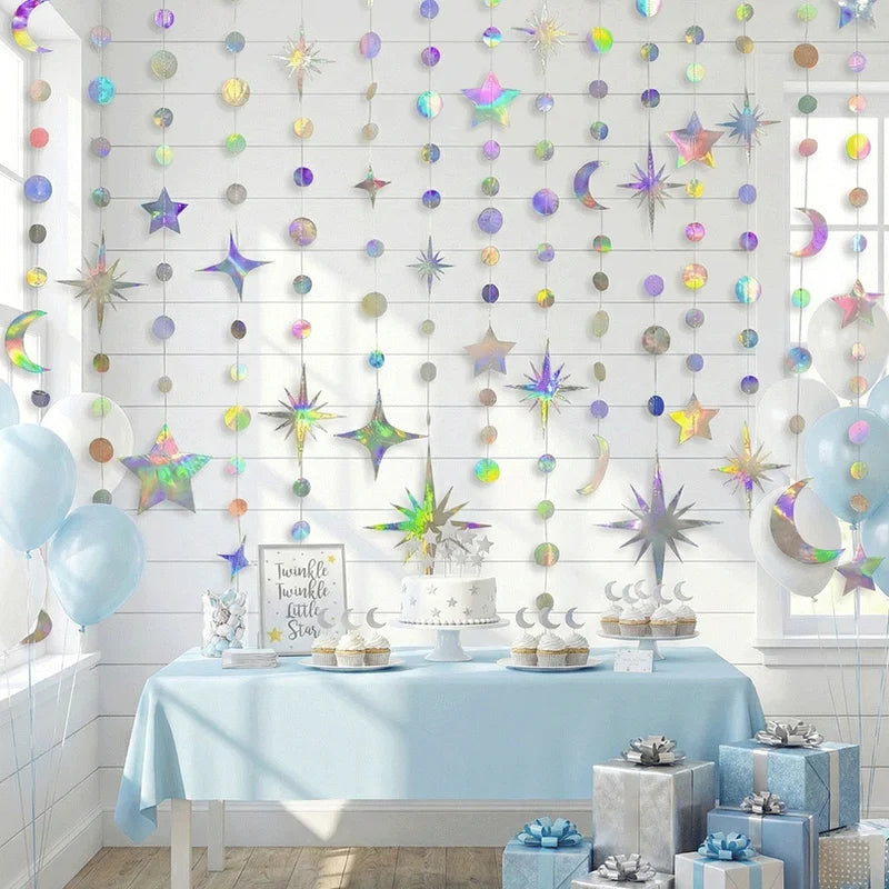Colorful Iridescent Star Moon Circle Dot Hanging Garland Party Decor Ramadan Eid Wedding Baby Shower Birthday