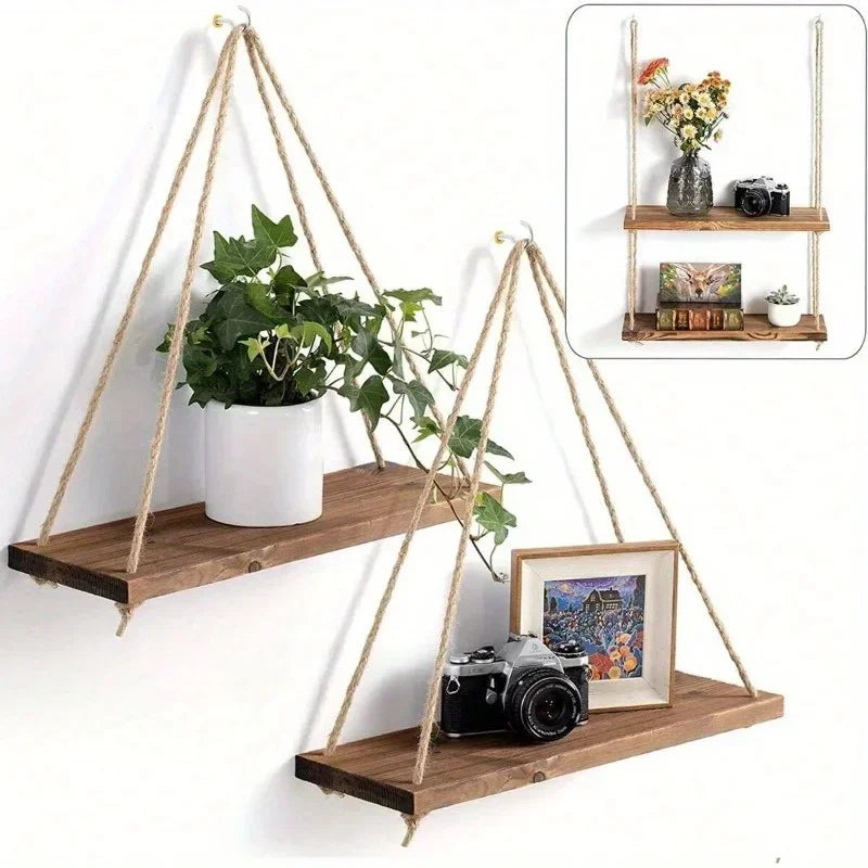 Wooden Hanging Shelf Rope Wall Mount for Plants & Decor - Natural Recycled Wood