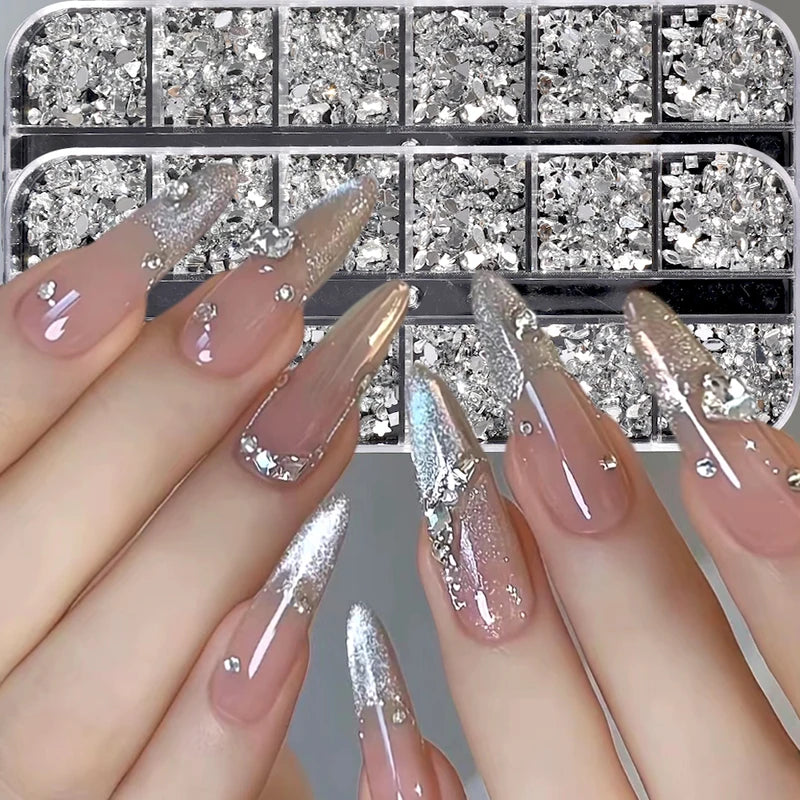 Mini Nail Art Rhinestone Decorations 12-Grid Dazzling Crystal Gems for Manicure