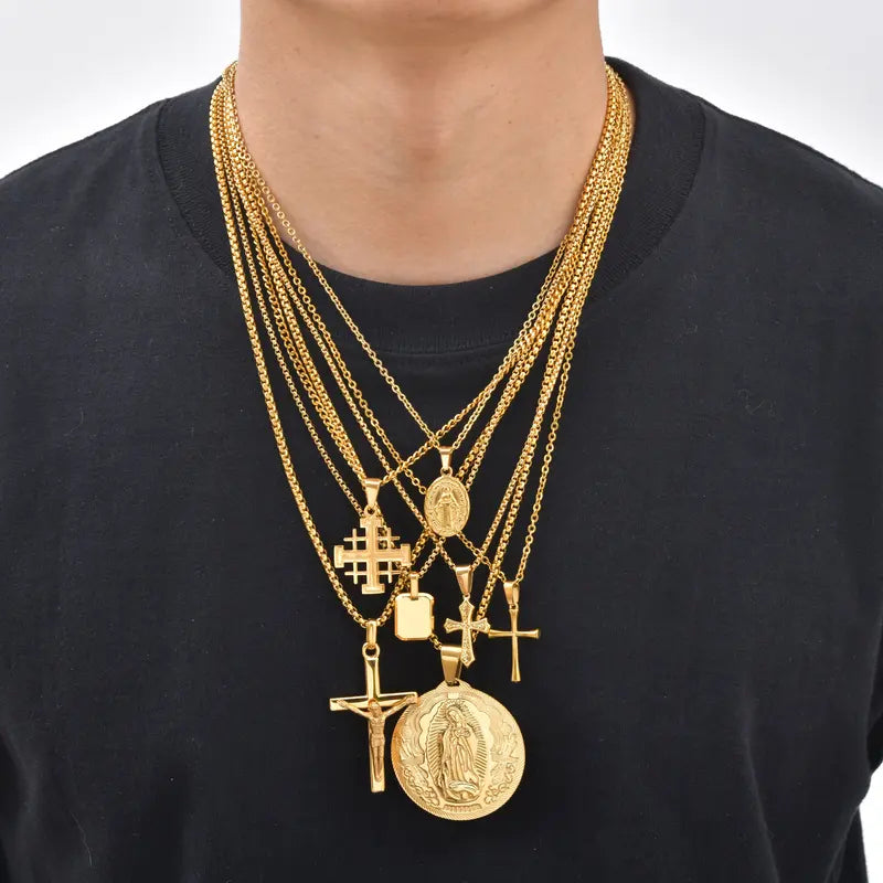 Men's Geometric Cross Pendant Necklace - Silver Plated Stainless Steel Jewelry