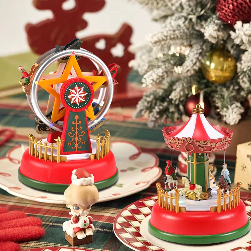 LED Christmas Carousel Decoration Music Box with Lights and Rotating Village Scene