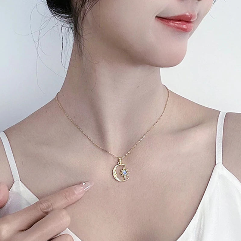 Women’s Moon Necklace with Star Pendant Stainless Steel Collarbone Chain Jewelry