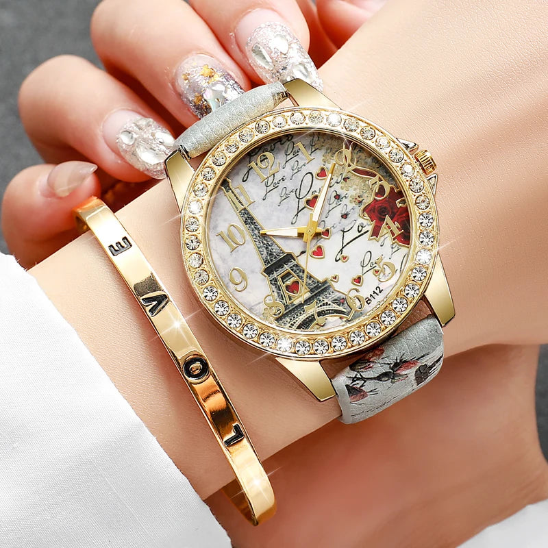 Fashion Women's Quartz Watch Set with Floral Print Leather Band Multiple Colors