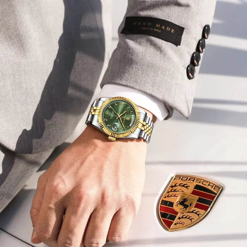 Men's Waterproof Stainless Steel Quartz Wristwatch with Date and Week Display