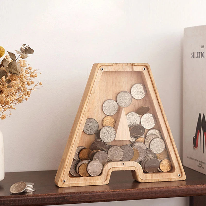 Alphabet Moneybox Coin Bank Wooden Piggy Bank for Kids and Home Decor