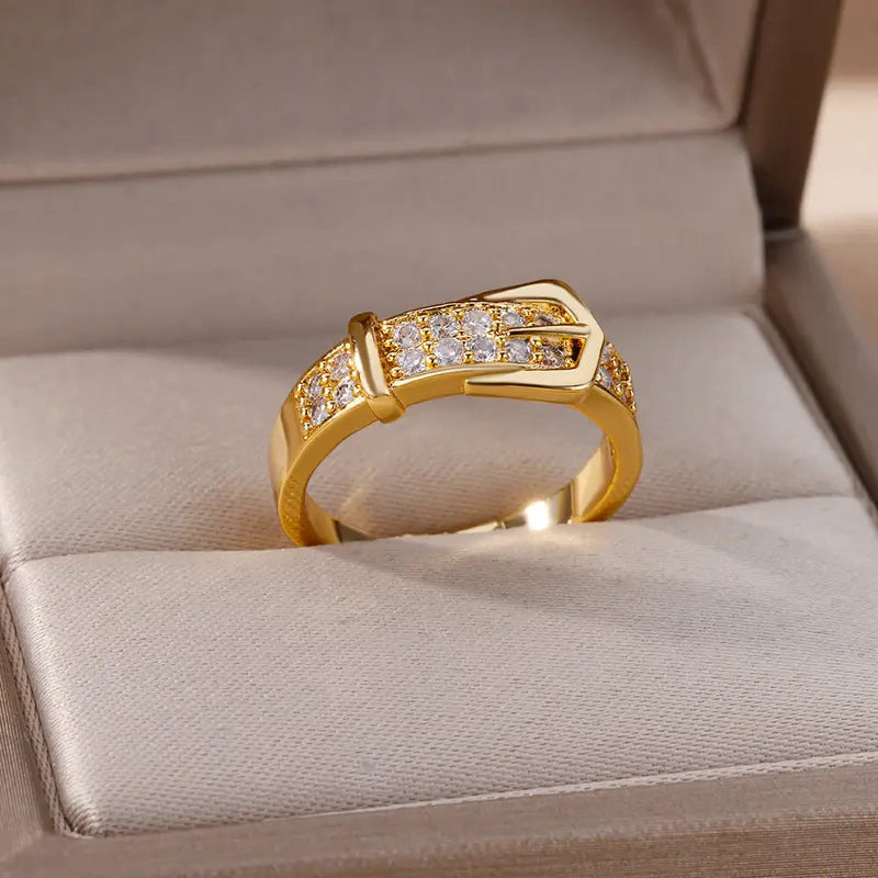 Adjustable Stainless Steel Belt Rings for Women Zircon Geometric Wedding Jewelry