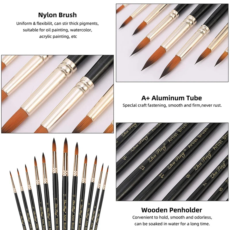 12-Piece Professional Paint Brush Set - Nylon Hair Acrylic Watercolor Oil