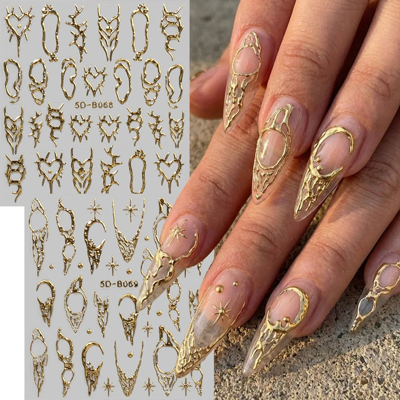 Vintage Thorns Y2K Nail Art Stickers - 5D Embossed Gold Silver Moon Star Decals