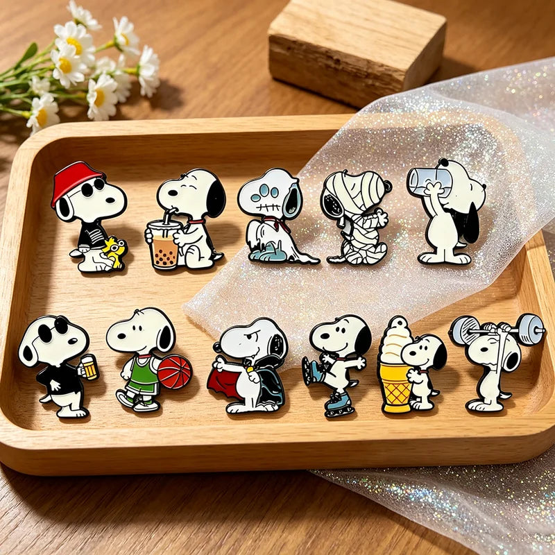 8/10/11pcs Cute Snoopy Enamel Pins Set Cartoon Puppy Dog Brooches for Backpack & Collectibles