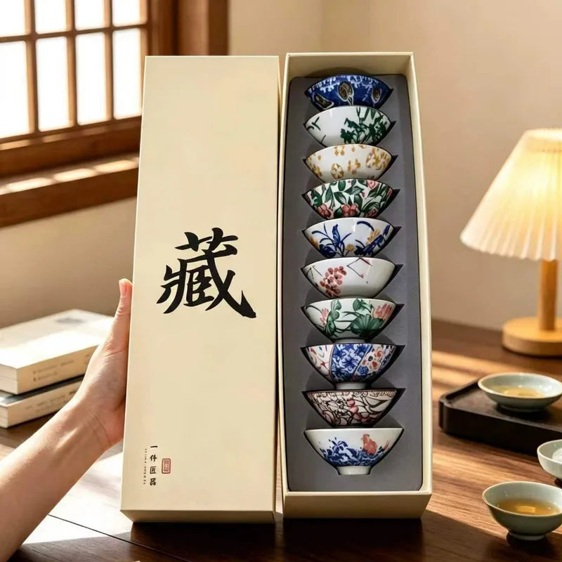 Ceramic Tea Tasting Bowls Set - Vintage Blue and White Porcelain 10 Pcs Gift Box