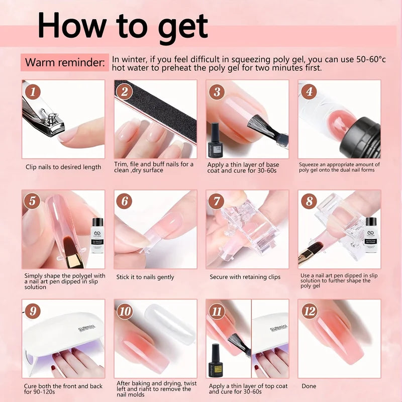 Poly Gel Nail Kit with 4 Colors - Quick Dry, Curable DIY Gel Nails