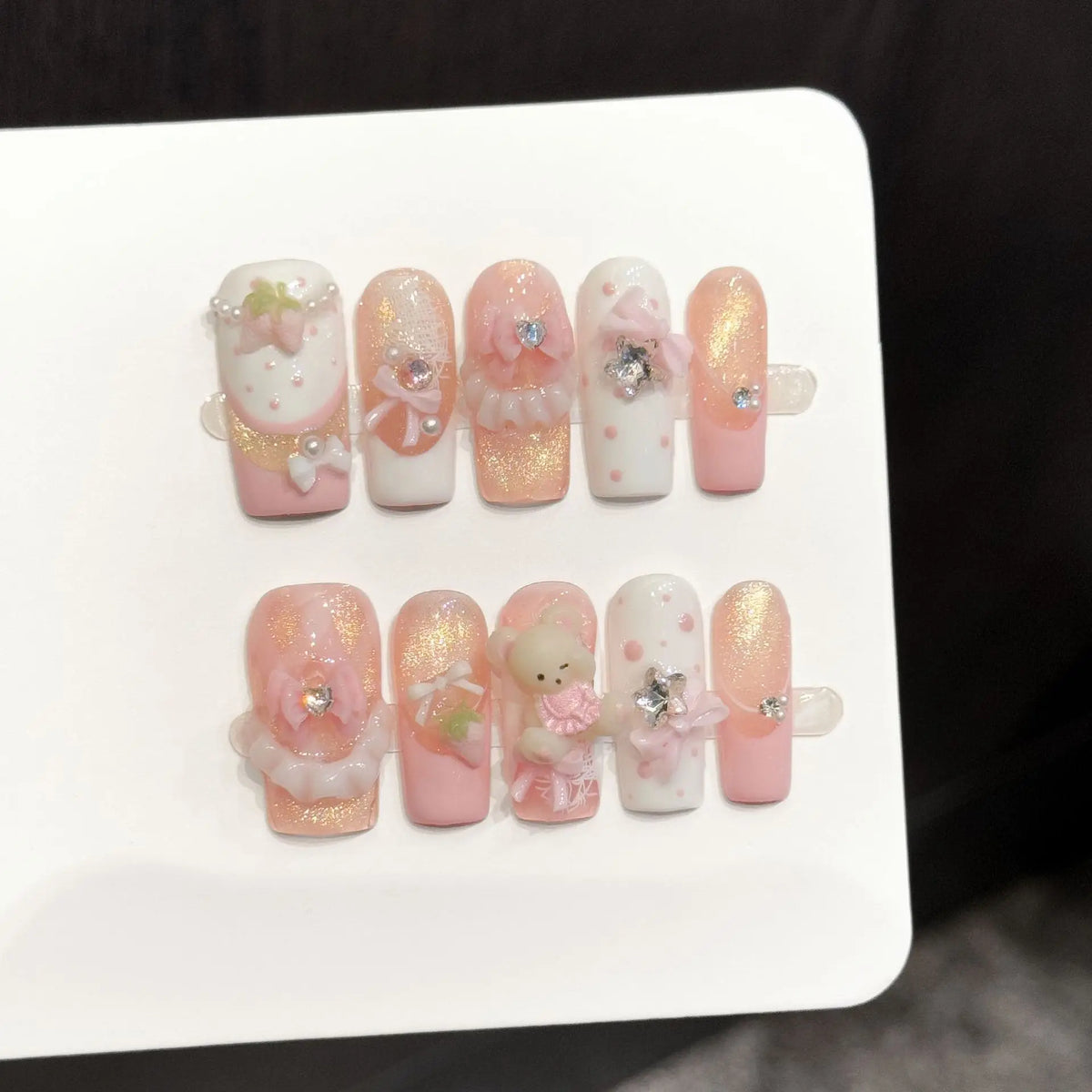 10 Pcs Long Fake Nails with Cute 3D Rabbit French Style White Tips - Handmade Press On Nails