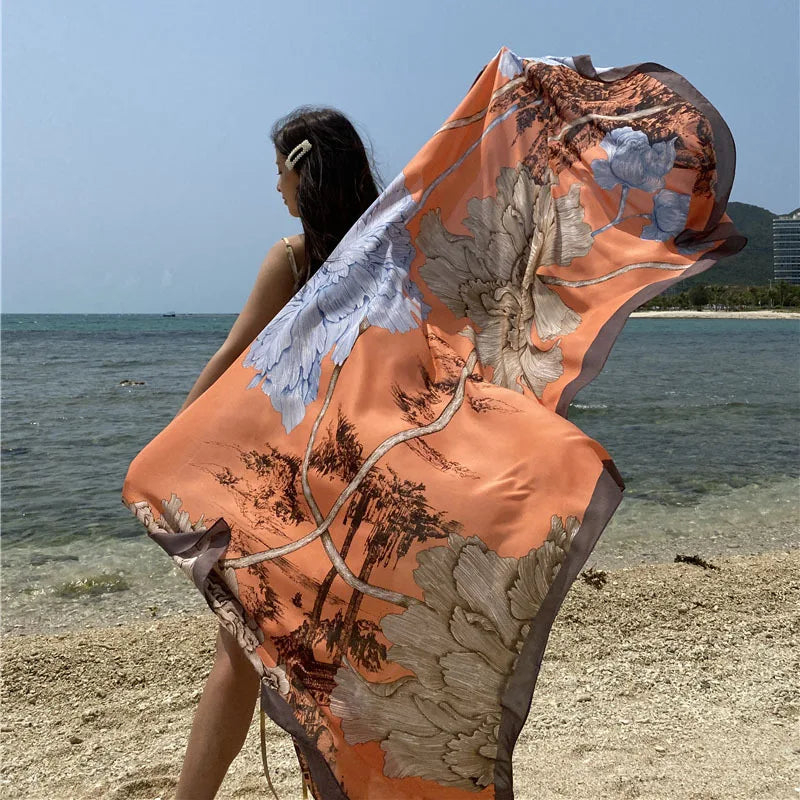 Luxury Floral Silk Beach Cover-Up Sarong Wrap for Women 90x180cm
