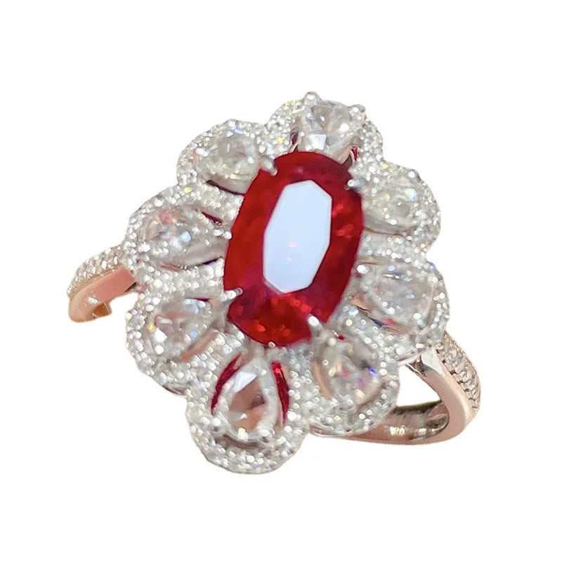 Luxury Red Oval Gemstone Ring with Diamond Zircon in Sterling Silver for Special Occasions