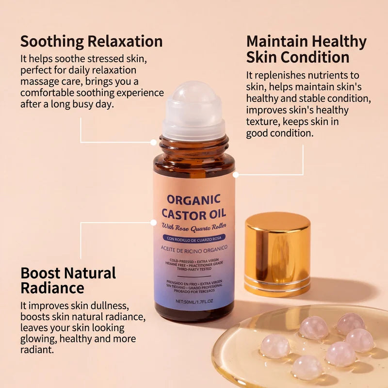 Organic Castor Oil with Rose Quartz Roller - Cold Pressed, Hydrating Skin Care Oil