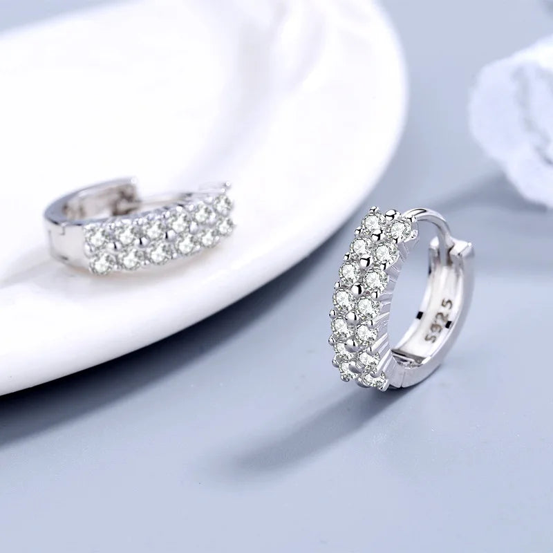 925 Sterling Silver Double Row Crystal Round Earrings for Women