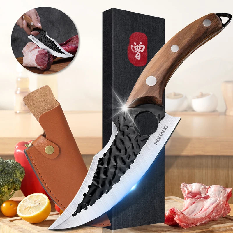 Stainless Steel Chef Knife with Leather Cover - Multi-Color Options