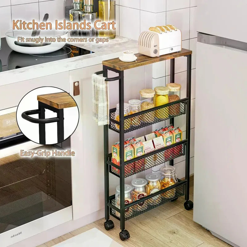 Slim Narrow Rolling Cart with 4 Tiers and Metal Handle for Small Space Storage