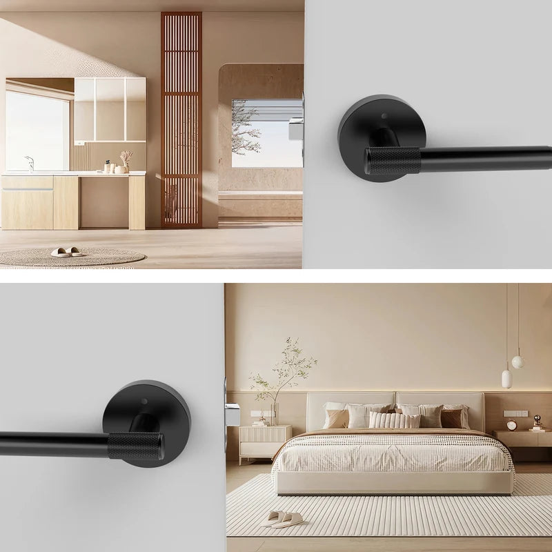 Viladepot Privacy Door Handle - Matte Black Knurled Lever with Round Base, Reversible