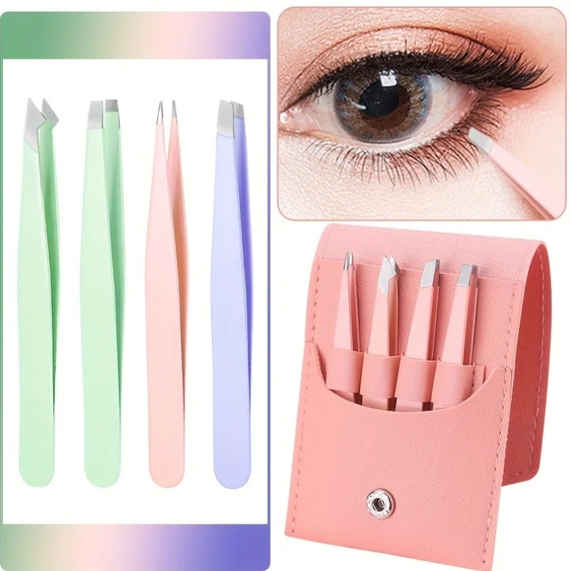 Stainless Steel Eyebrow Tweezers Set for Makeup & Hair Removal - Purple, Blue, White, Orange