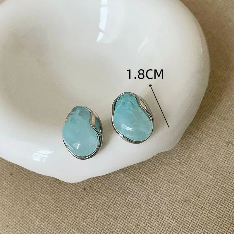 Unique Geometric Bean Stud Earrings with Blue Jelly Resin - Cute Jewelry Gift