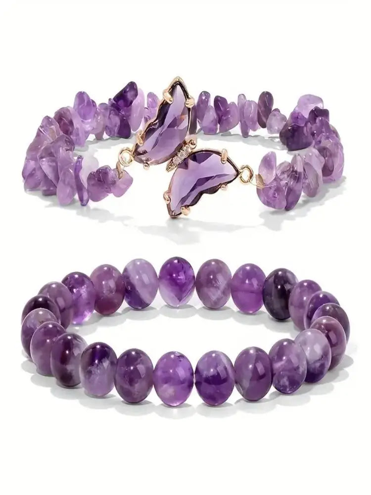 Beaded Butterfly Bracelet Set for Women - Amethyst Obsidian Stretch Bangles with Positive Energy