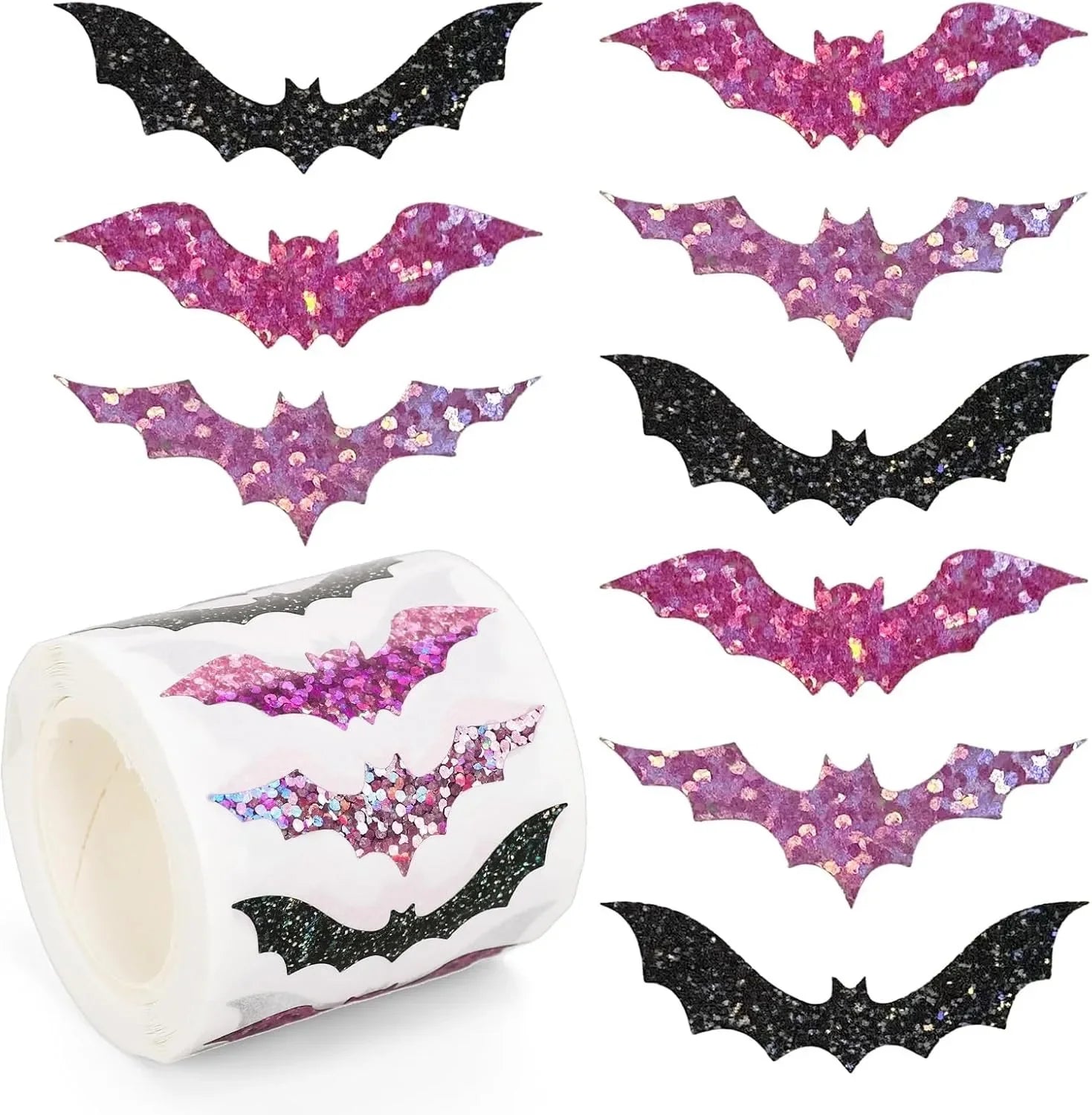 500pcs Halloween Bat Stickers Roll Waterproof Laser Black 3D Glitter Self-Adhesive Decorations