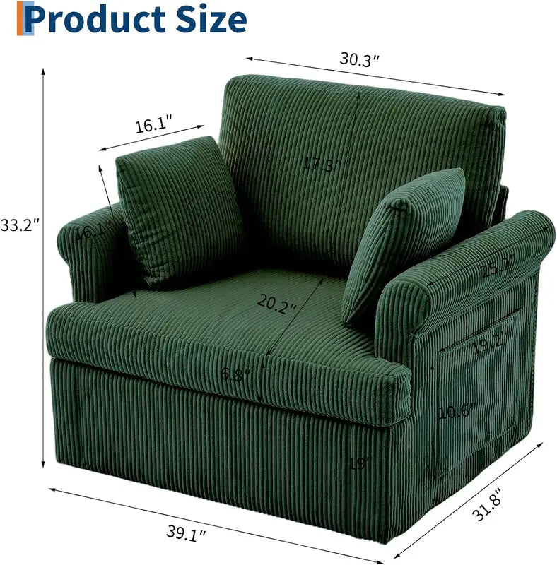 39-Inch Modern Swivel Accent Chair with Corduroy Upholstery & 2 Pillows