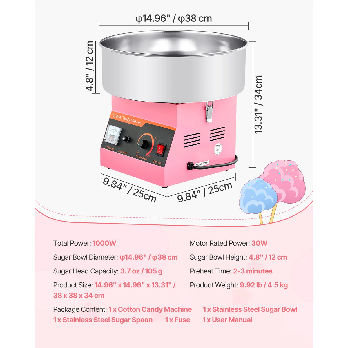Commercial Cotton Candy Machine 1000W with 15-Inch Stainless Steel Bowl - Easy Operation
