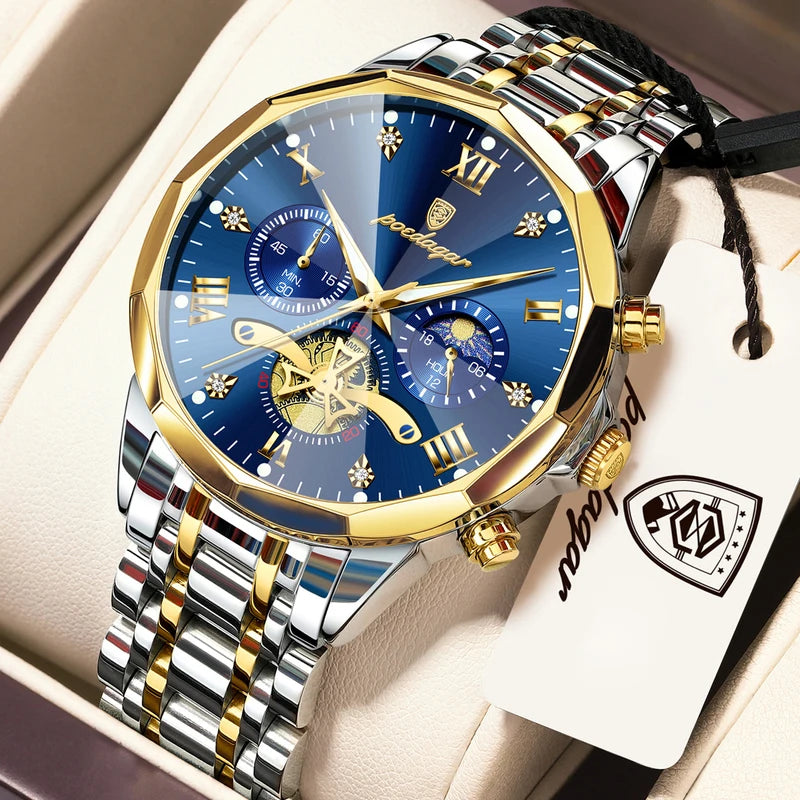 Luxury Waterproof Men’s Chronograph Watch with Luminous Dial - Stainless Steel Quartz Business Wristwatch
