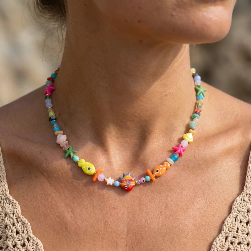 Colorful Ceramic Fish Starfish Beach Necklace for Women Ocean Vacation Jewelry