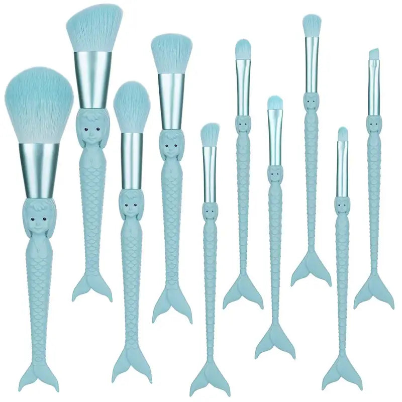 10-Piece Mermaid Makeup Brush Set - Powder, Blush, Eye Shadow & Lip Tools