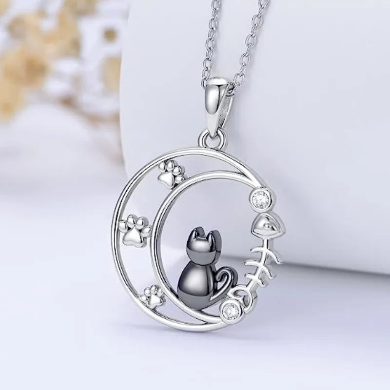 Black Cat Moon Pendant Necklace for Women - Cute Kitten Moonstone Choker Jewelry