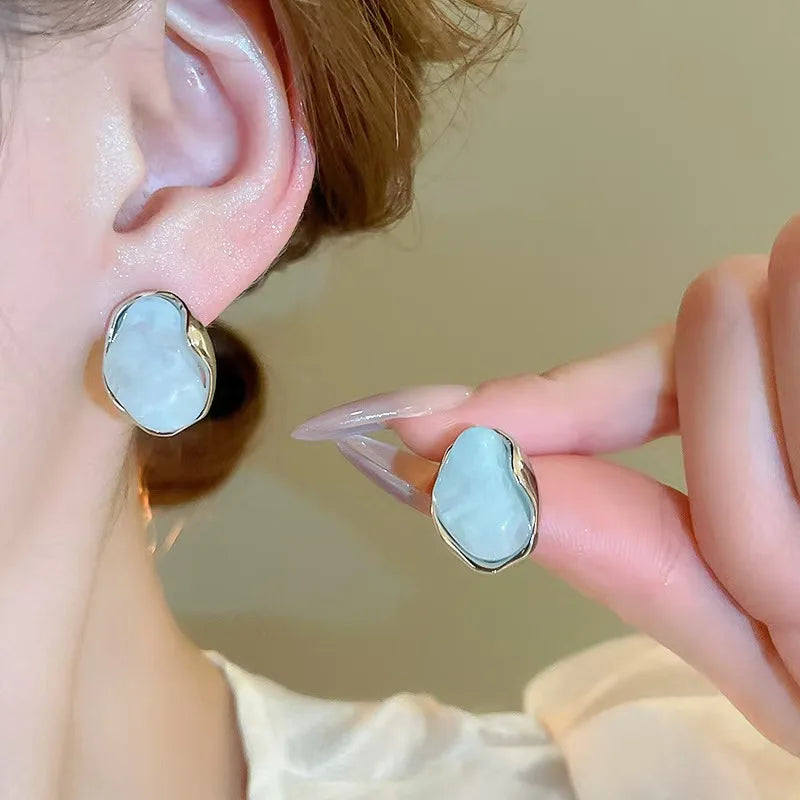 Unique Geometric Bean Stud Earrings with Blue Jelly Resin - Cute Jewelry Gift