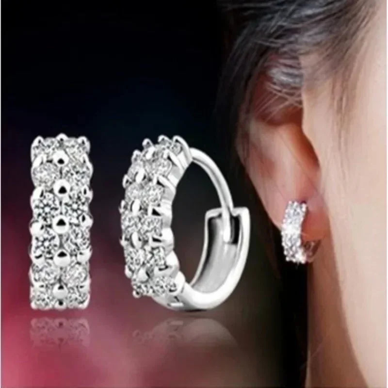 Elegant Silver Color Stainless Steel Crystal Round Hoop Earrings for Women