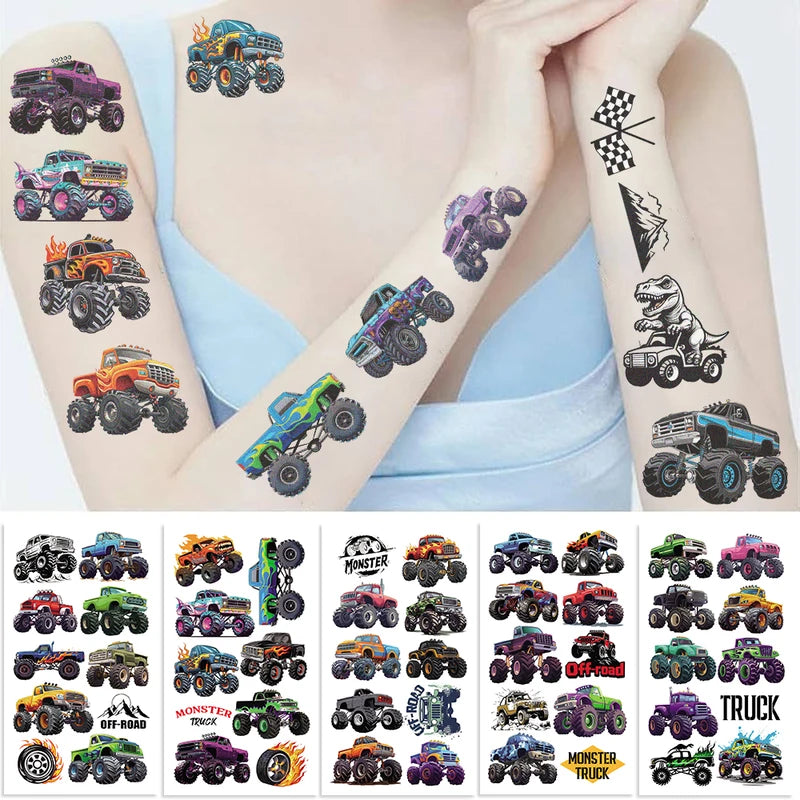 10 Sheets Monster Trucks Temporary Tattoos for Kids Body Stickers