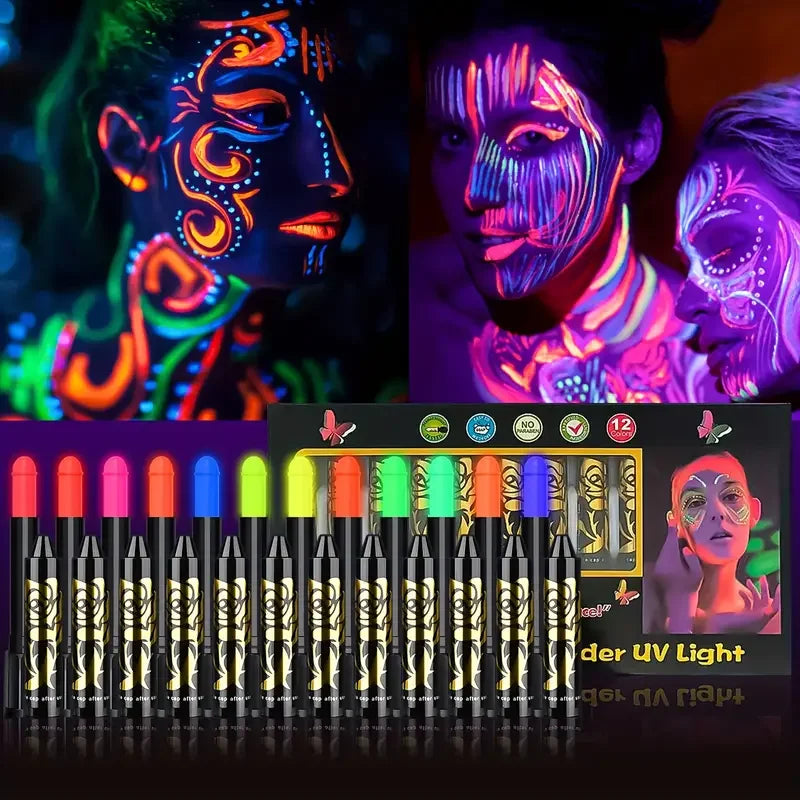 UV Neon Face Painting Crayons Set for Kids - Glow in the Dark Makeup, 12 Colors
