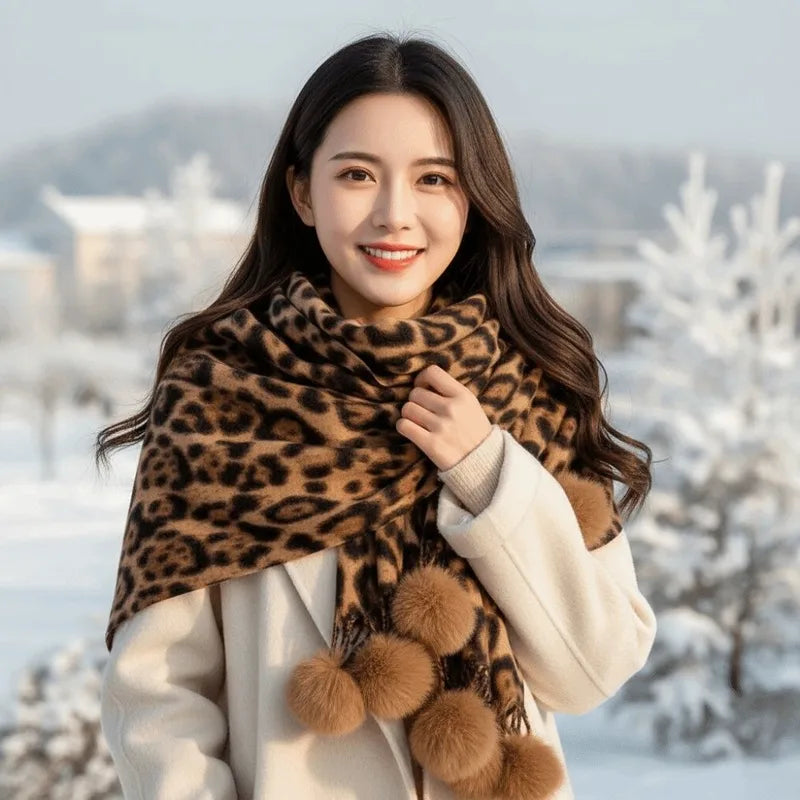 Double Sided Fleece Leopard Print Scarf - Cozy Winter Wrap for Women