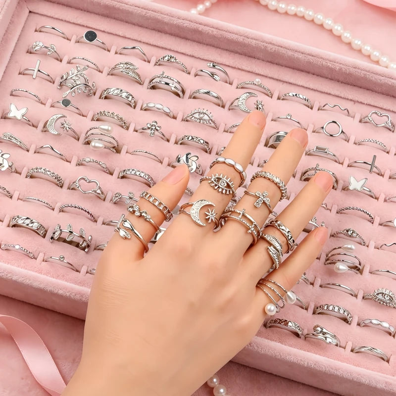 Fashion Rhinestone Hollow Rings Set for Women - Mix Style, Daily Jewelry, Party Gifts