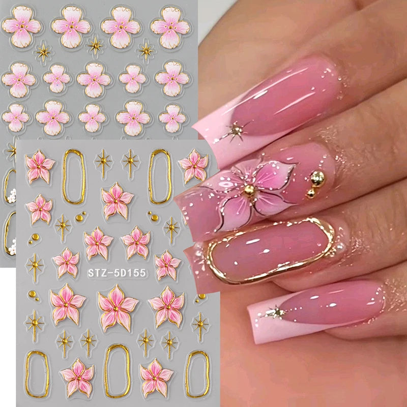 5D Floral Embossed Nail Stickers with Hibiscus Flowers & Star Frames for Spring & Summer Nail Art