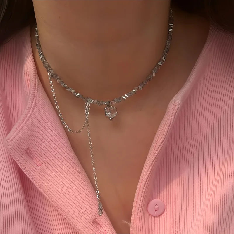 Irregular Stone Choker Necklace for Women Tassel Heart Pendant Jewelry Gift