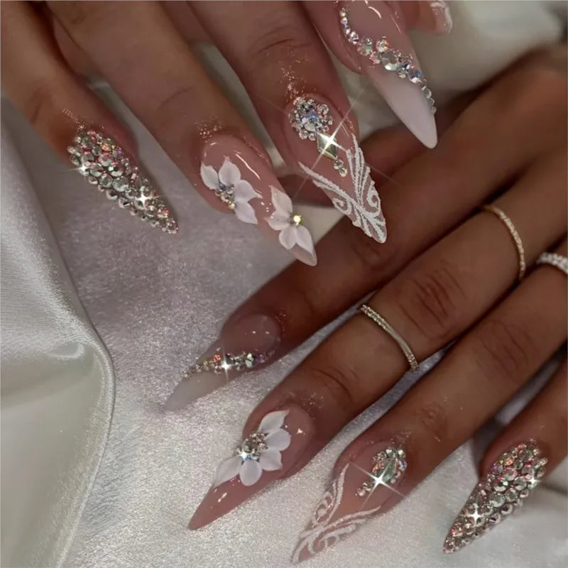 24Pcs Long Stiletto Fake Nails with Rhinestones & Gradient Finish — Full Cover French Style Press On Nails