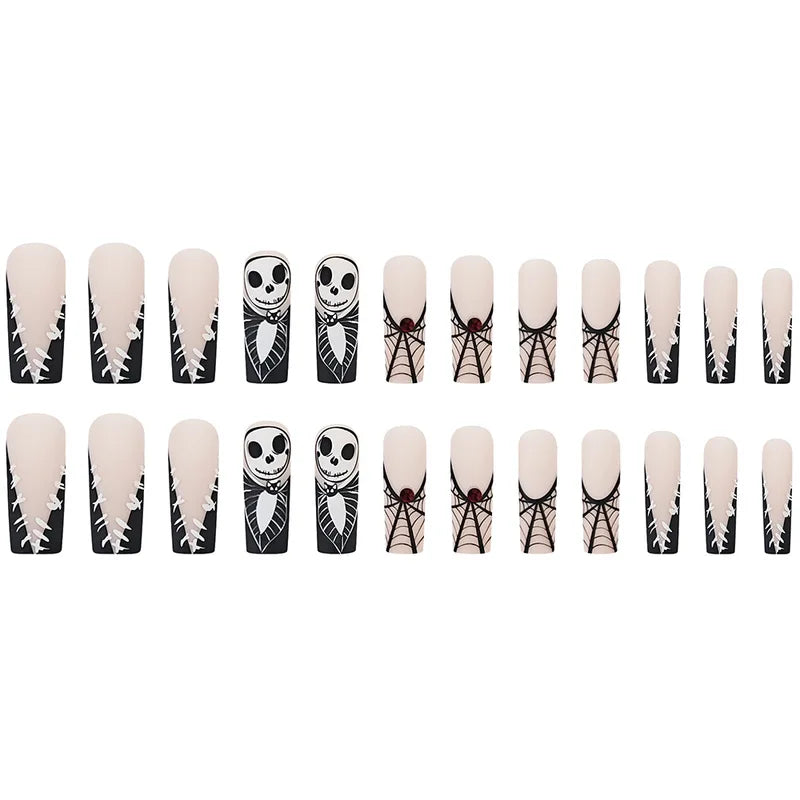 Halloween Press-On Nails with Skull Spider French Full Cover Fake Tips - 24pcs