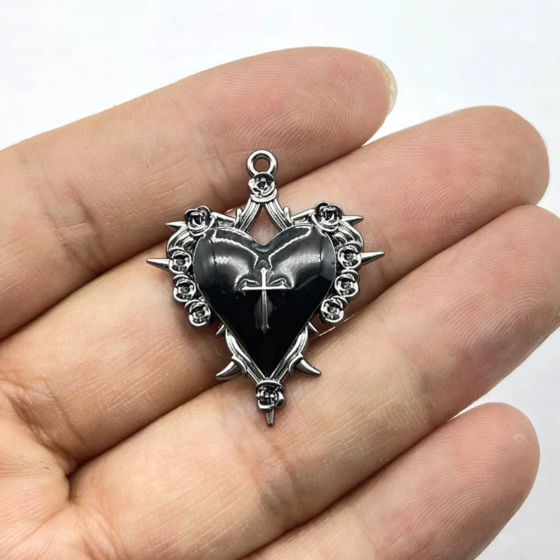 Dark Style Thorn Rose Cross Heart Charms for Jewelry Making - 6pcs Enamel Pendants