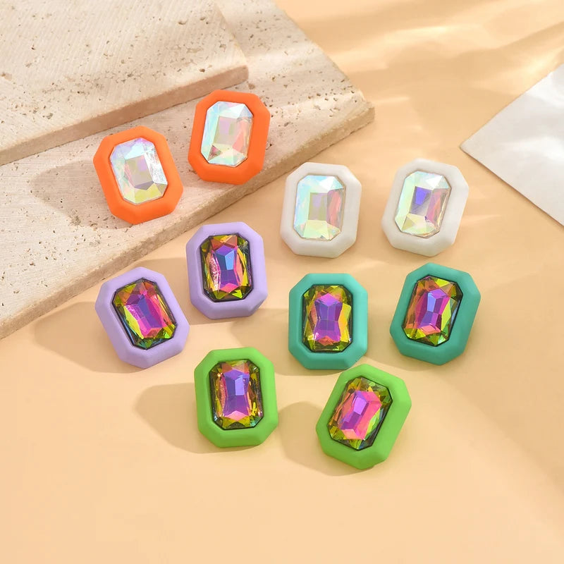 Square Geometric Stud Earrings for Women Colorful Rhinestone Jewelry - Party & Fashion