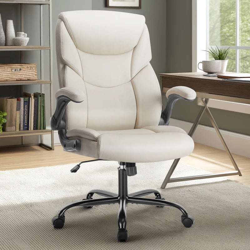 Ergonomic Office Chair with Flip-Up Arms and Adjustable Swivel - Heavy Duty PU Leather Gaming Desk Chair