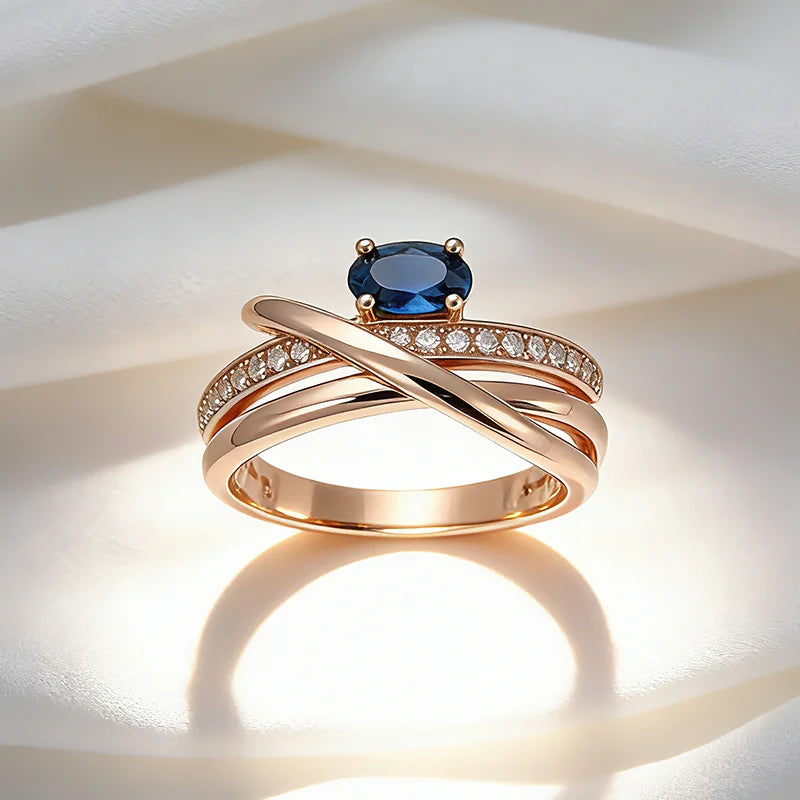 Unisex Rose Gold Cross Ring with Blue Zircon for Women Men Jewelry Gift