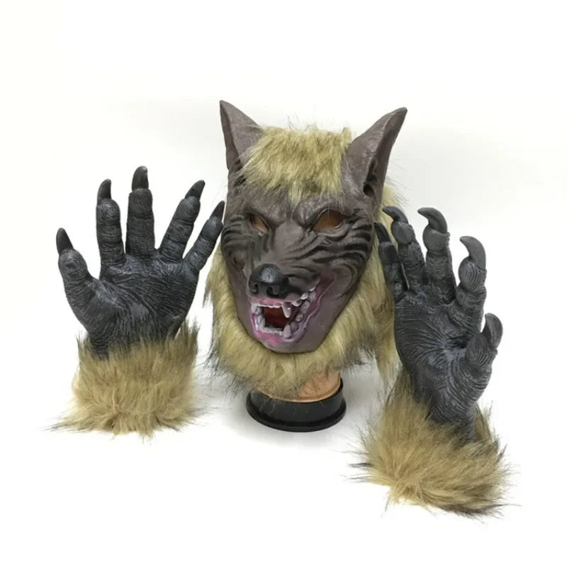 Werewolf Costume Mask and Gloves Set for Halloween Cosplay - Latex Rubber Wolf Head Hair Mask